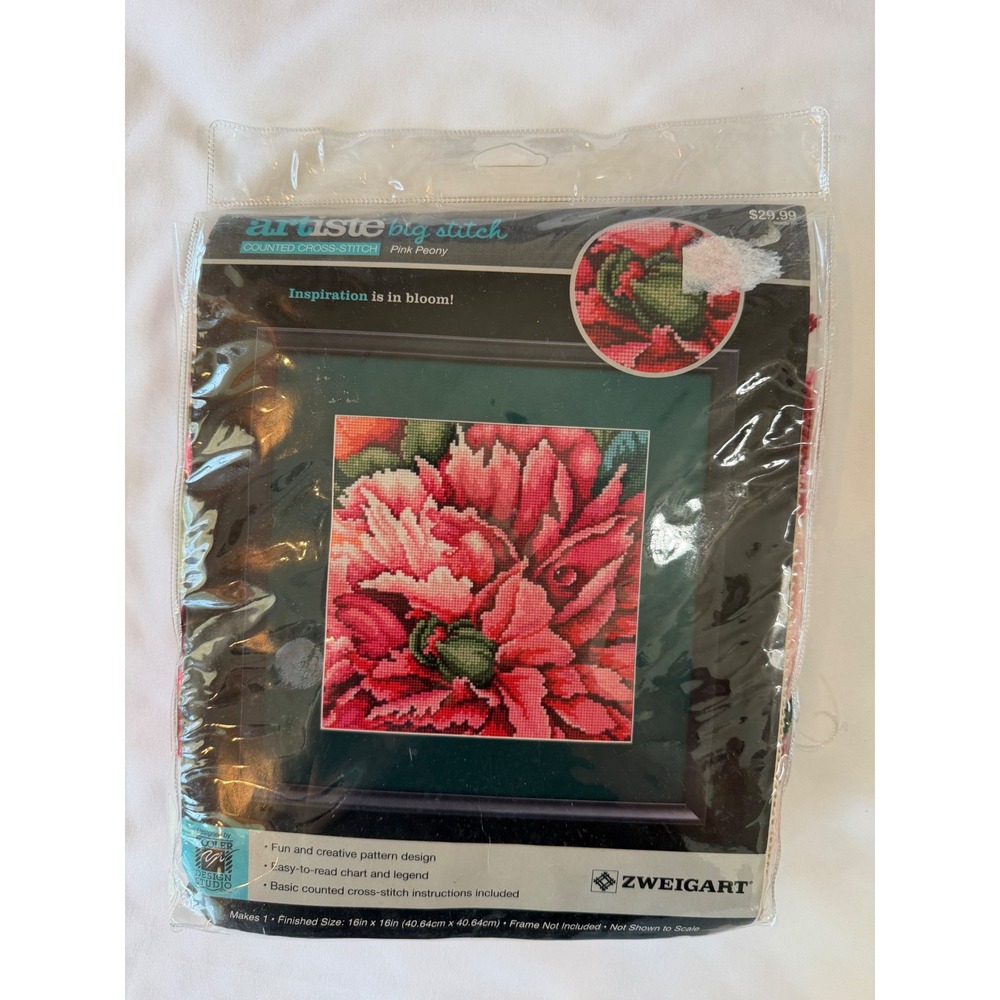 Counted Cross-Stitch Kit Pink Peony Floral Artiste Big Stitch 16x16 Zweigart DIY